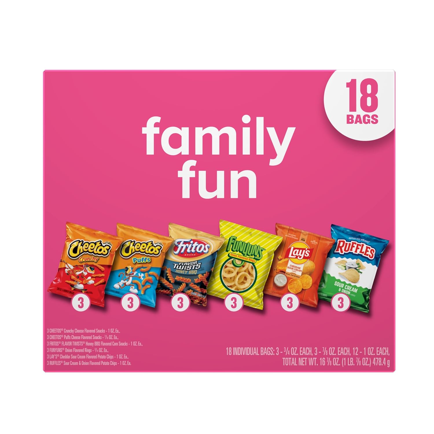 Frito-Lay Snacks Variety Pack, Family Fun Mix, Single Serve Snack Bags, (18 Pack), Ruffles, Fritos, Cheetos, Lay's, Funyuns, Chips - Image 3