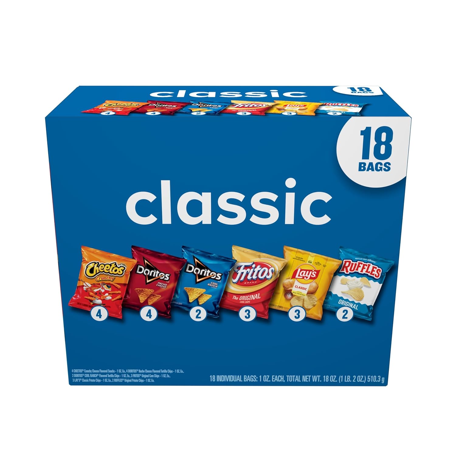 Frito-Lay Snacks Variety Pack, Classic Mix, Single Serve Snack Bags, (18 Pack), Ruffles, Fritos, Cheetos, Lay's, Doritos, Chips