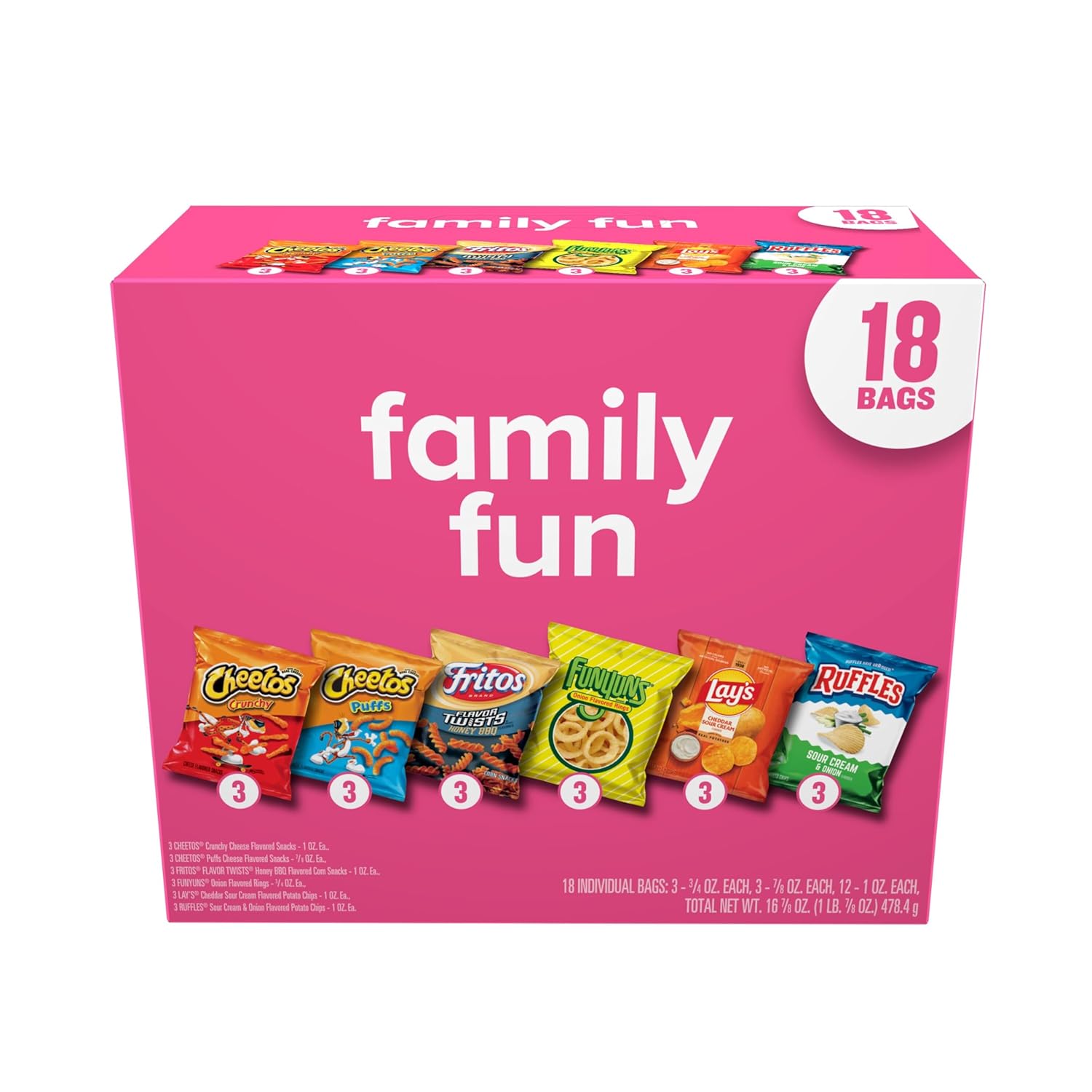 Frito-Lay Snacks Variety Pack, Family Fun Mix, Single Serve Snack Bags, (18 Pack), Ruffles, Fritos, Cheetos, Lay's, Funyuns, Chips