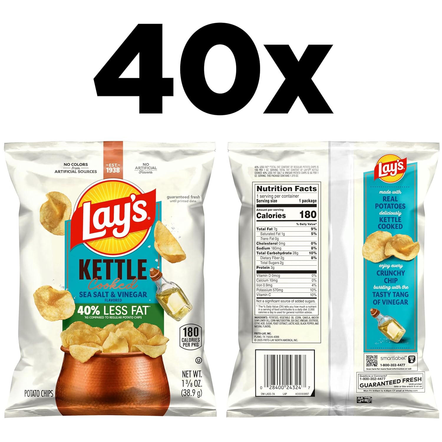 Lay's Kettle Cooked Potato Chips, 40% Less Fat Salt & Vinegar, 1.375 Ounce (Pack of 64) - Image 2