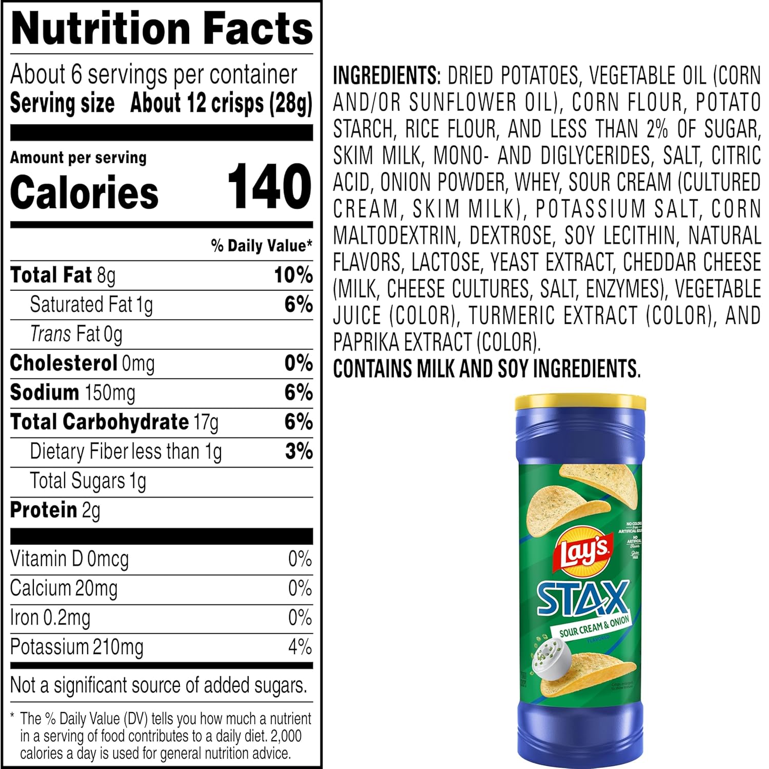 Lay's Stax Potato Crisps Chips, Sour Cream & Onion, Gluten Free, 5.5 Oz Canister Pack - Image 3
