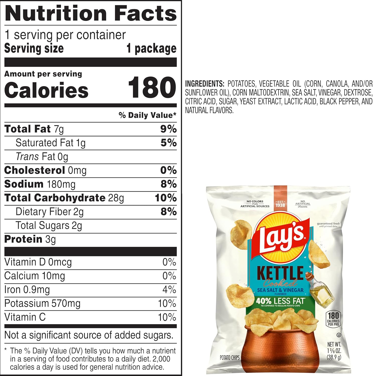 Lay's Kettle Cooked Potato Chips, 40% Less Fat Salt & Vinegar, 1.375 Ounce (Pack of 64) - Image 3