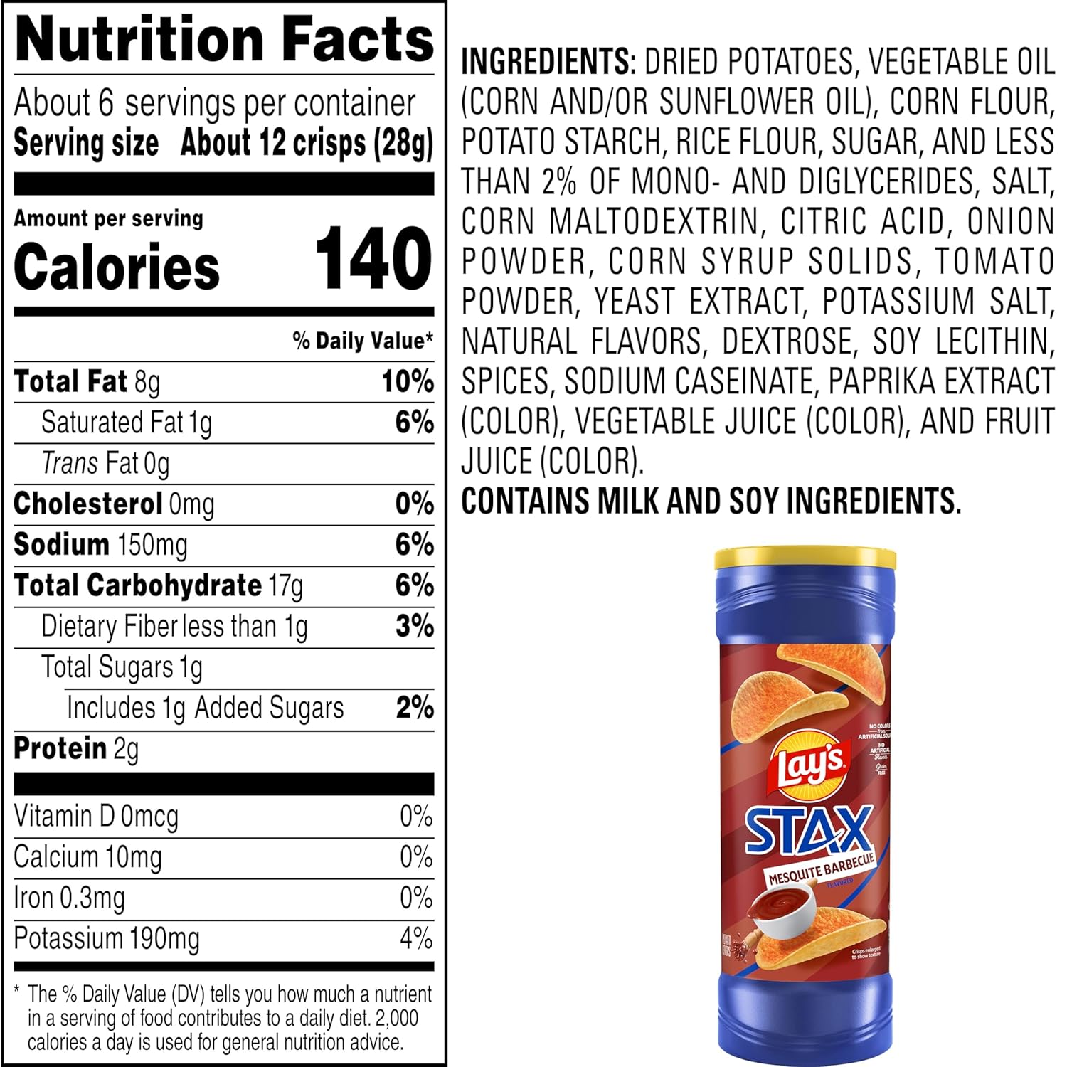 Lay's Stax Potato Crisps Chips, Mesquite BBQ, Gluten Free, 5.5 Oz Canister Pack - Image 3