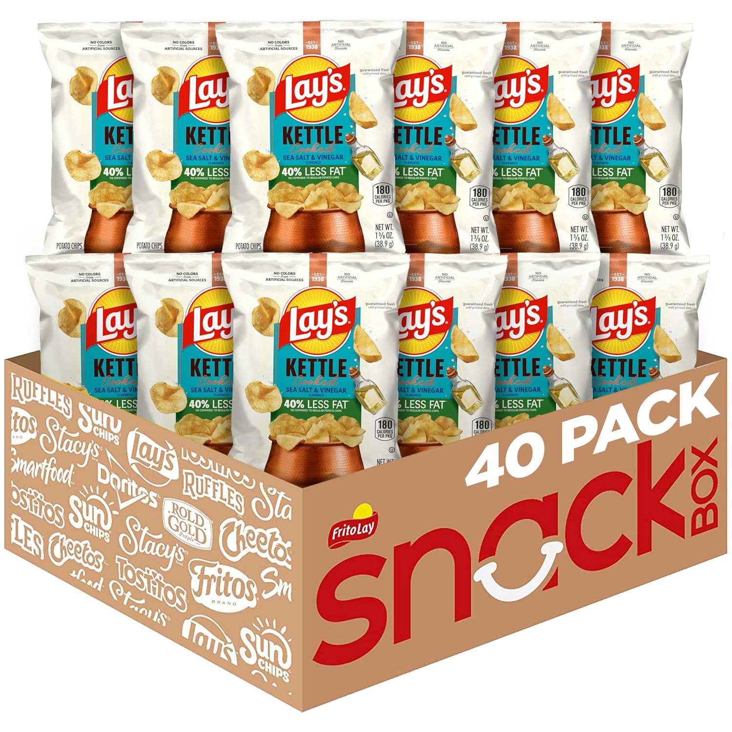 Lay's Kettle Cooked Potato Chips, 40% Less Fat Salt & Vinegar, 1.375 Ounce (Pack of 64)